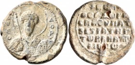 Theodoros Bebaptismenos, spatharios, hypatos and strategos, 2nd half 11th century. Seal (Lead, 29 mm, 18.00 g, 12 h). Nimbate facing bust of Saint The...