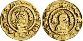 AXUM. Kaleb, circa 510-540. Tremissis (Gold, 17 mm, 1.58 g, 1 h). ΧΑΛΗΒ ΒΑCΙΛЄΥC Draped bust of Kaleb to right, wearing tiara and holding a short scep...