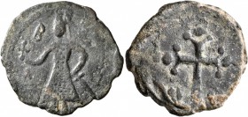 CRUSADERS. Edessa. Baldwin II, second reign, 1108-1118. Follis (Bronze, 24 mm, 5.46 g, 12 h). ΒΑ[ΓΔΟΙN] Count Baldwin II, dressed in chain-armour and ...