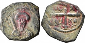 CRUSADERS. Antioch. Tancred, regent, 1101-1112. Follis (Bronze, 21 mm, 3.43 g, 6 h). ΚΕ ΒΟ TANKPI Cuirassed bust of Tancred facing, wearing turban wit...