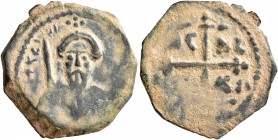CRUSADERS. Antioch. Tancred, regent, 1101-1112. Follis (Bronze, 20 mm, 3.07 g, 12 h). [ΚΕ ΒΟ] TANKPI Cuirassed bust of Tancred facing, wearing turban ...