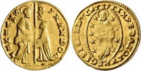 CRUSADERS. Venetians in the Levant. Ducat (Gold, 21 mm, 3.48 g, 9 h), imitating Venice. Uncertain mint, struck in the name of Francesco Donato, 1545-1...