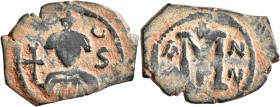 ISLAMIC, Time of the Rashidun. Pseudo-Byzantine types. Fals (Bronze, 24 mm, 4.85 g, 7 h), imitating a follis of Constans II, uncertain mint, AH 24/5-2...
