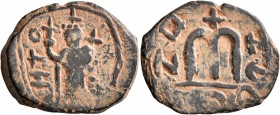 ISLAMIC, Time of the Rashidun. Pseudo-Byzantine types. Fals (Bronze, 23 mm, 4.74 g, 12 h), imitating a EN T૪TO NIKA follis of Constans II, uncertain m...