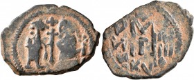 ISLAMIC, Time of the Rashidun. Pseudo-Byzantine types. Fals (Bronze, 27 mm, 4.81 g, 7 h), uncertain mint, circa AH late 20s/early 30s = AD late 640s/e...