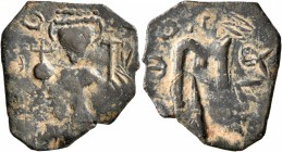 ISLAMIC, Time of the Rashidun. Pseudo-Byzantine types. Fals (Bronze, 23 mm, 2.43 g, 12 h), imitating a EN T૪TO NIKA follis of Constans II, uncertain m...