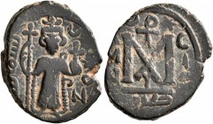 ISLAMIC, Umayyad Caliphate. temp. Mu'awiya I ibn Abi Sufyan, AH 41-60 / AD 661-680. Fals (Bronze, 22 mm, 5.16 g, 6 h), Arab-Byzantine type, Hims. Impe...
