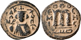 ISLAMIC, Umayyad Caliphate. temp. Mu'awiya I ibn Abi Sufyan, AH 41-60 / AD 661-680. Fals (Bronze, 19 mm, 3.88 g, 6 h), Arab-Byzantine type, Hims, AH 4...