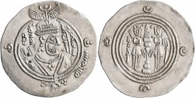 ISLAMIC, Umayyad Caliphate. temp. Mu'awiya I ibn Abi Sufyan, AH 41-60 / AD 661-680. Drachm (Silver, 30 mm, 4.18 g, 4 h), Arab-Sasanian type, citing go...