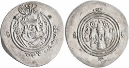 ISLAMIC, Umayyad Caliphate. 'Abd al-Malik ibn Marwan, AH 65-86 / AD 685-705. Drachm (Silver, 31 mm, 4.16 g, 5 h), Arab-Sasanian type, citing the calip...