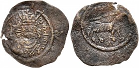 ISLAMIC, Umayyad Caliphate. temp. 'Abd al-Malik ibn Marwan, AH 65-86 / AD 685-705. Pashiz (Bronze, 16 mm, 0.33 g, 2 h), Arab-Sasanian type, citing gov...