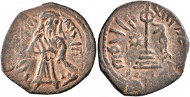 ISLAMIC, Umayyad Caliphate. temp. 'Abd al-Malik ibn Marwan, AH 65-86 / AD 685-705. Fals (Bronze, 22 mm, 2.57 g, 9 h), 'Standing Caliph' type, Hims, AH...