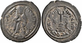 ISLAMIC, Umayyad Caliphate. temp. 'Abd al-Malik ibn Marwan, AH 65-86 / AD 685-705. Fals (Bronze, 25 mm, 3.77 g, 12 h), 'Standing Caliph' type, Hims, A...