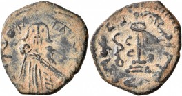 ISLAMIC, Umayyad Caliphate. temp. 'Abd al-Malik ibn Marwan, AH 65-86 / AD 685-705. Fals (Bronze, 21 mm, 3.37 g, 4 h), 'Standing Caliph' type, uncertai...
