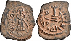 ISLAMIC, Umayyad Caliphate. temp. 'Abd al-Malik ibn Marwan, AH 65-86 / AD 685-705. Fals (Bronze, 22 mm, 3.39 g, 12 h), 'Standing Caliph' type, uncerta...