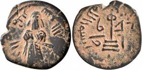ISLAMIC, Umayyad Caliphate. temp. 'Abd al-Malik ibn Marwan, AH 65-86 / AD 685-705. Fals (Bronze, 21 mm, 2.67 g, 3 h), 'Standing Caliph' type, Halab, A...