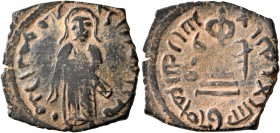 ISLAMIC, Umayyad Caliphate. temp. 'Abd al-Malik ibn Marwan, AH 65-86 / AD 685-705. Fals (Bronze, 23 mm, 2.95 g, 6 h), 'Standing Caliph' type, Halab, A...