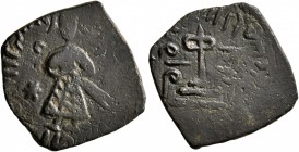 ISLAMIC, Umayyad Caliphate. temp. 'Abd al-Malik ibn Marwan, AH 65-86 / AD 685-705. Fals (Bronze, 19 mm, 2.18 g, 5 h), 'Standing Caliph' type, Halab, A...