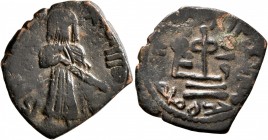 ISLAMIC, Umayyad Caliphate. temp. 'Abd al-Malik ibn Marwan, AH 65-86 / AD 685-705. Fals (Bronze, 19 mm, 2.64 g, 4 h), 'Standing Caliph' type, Tanukh, ...