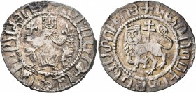 ARMENIA, Cilician Armenia. Royal. Levon I, 1198-1219. Double Tram (Silver, 28 mm, 5.43 g, 11 h). Levon seated facing on throne decorated with lions, h...
