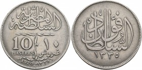 EGYPT. Sultanate. Ahmad Fu'ad, AH 1335-1340 / AD 1917-1922. 10 Piastres (Silver, 33 mm, 13.91 g, 12 h), British Occupation Issue. Heaton, 1920. KM 327...