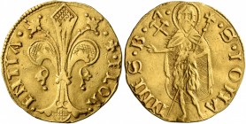 ITALY. Firenze. Repubblica, 1189-1532. Fiorino d’oro (Gold, 21 mm, 3.48 g, 12 h), 1450-1470. •+•FLOR• - •ENTIA• Ornate lily of Florence. Rev. •S•IOHAN...