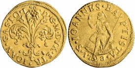 ITALY. Firenze. Gian Gastone de'Medici, 1723-1737. Zecchino or Fiorino (Gold, 21 mm, 3.47 g, 6 h). •IOAN•GASTO•I - •D•G•M•DVX•ETR Lily. Rev. •S•IOANNE...