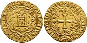 ITALY. Genova. Simone Boccanegra, doge, first tenure, 1339-1344. Genovino (Gold, 21 mm, 3.54 g, 3 h). + DVX:IAИVЄ:QVA:DЄVS:PTЄGAT Castle within arched...