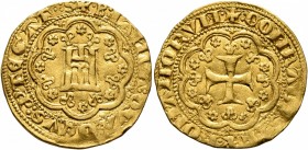 ITALY. Genova. Simone Boccanegra, doge, first tenure, 1339-1344. Genovino (Gold, 21 mm, 3.54 g, 3 h). + DVX:IAИVЄ:QVA:DЄVS:PTЄGAT Castle within arched...
