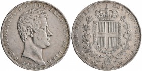ITALY. Sardegna (Regno). Carlo Alberto, 1831-1849. 5 Lire (Silver, 37 mm, 24.93 g, 6 h), Genova, 1847. Head of Carlo Alberto to right. Rev. Coat of ar...