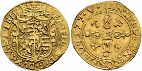 ITALY. Savoia (Ducato). Emanuele Filiberto, 1538-1580. Scudo d’oro del Sole (Gold, 23 mm, 3.32 g), Vercelli, 1577. •EM•FILIB•D•G•DVX•SAB•P•P• Crowned ...