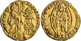 ITALY. Venezia (Venice). Andrea Contarini, 1367-1382. Ducat (Gold, 20 mm, 3.48 g, 1 h). St. Mark standing right, presenting banner to Doge kneeling le...