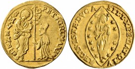 ITALY. Venezia (Venice). Pietro Grimani, 1741-1752. Ducat (Gold, 21 mm, 3.48 g, 5 h). St. Mark standing right, presenting banner to Doge kneeling left...
