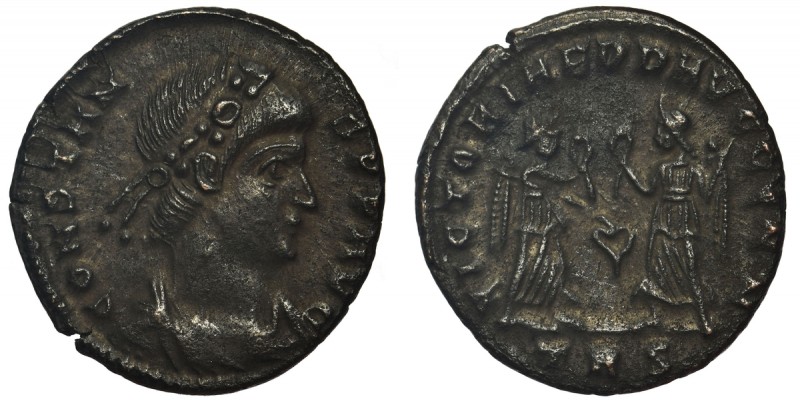 Cesarstwo Rzymskie, Konstans (337-350), Follis
 Mennica Trier
 Awers: popiersi...