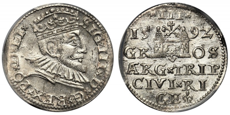 Zygmunt III Waza, Trojak Ryga 1592 - PCGS MS62
 Wariant z interpunkcją złożoną ...