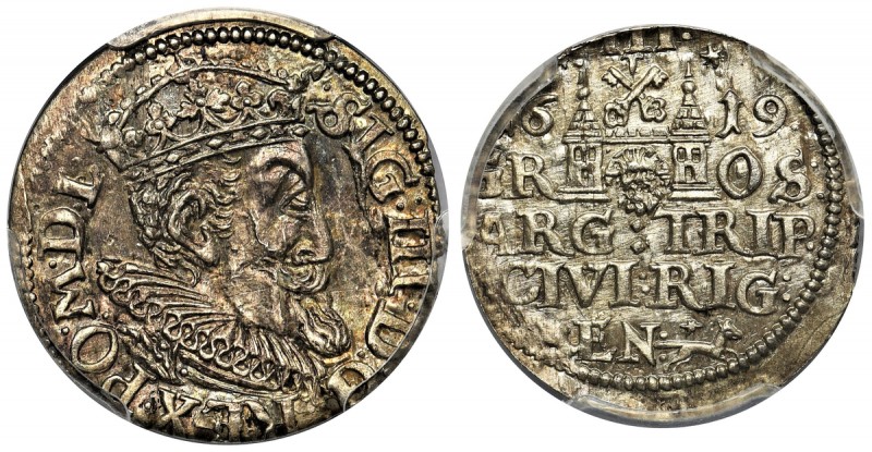 Zygmunt III Waza, Trojak Ryga 1619 - PCGS MS62 - rzadki
 Odmiana z dużym popier...