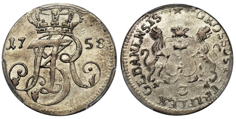 August III Sas, Trojak Gdańsk 1758 - PCGS AU55
 Drugi rocznik emisji gdańskich ...