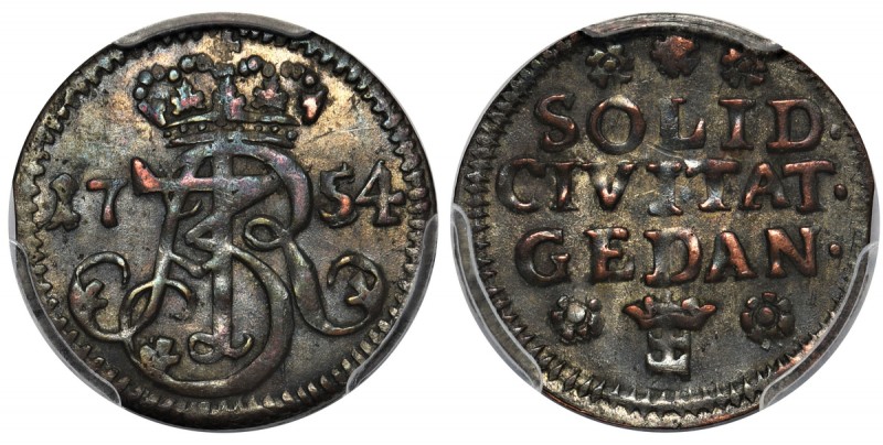 August III Sas, Szeląg Gdańsk 1754 - PCGS AU53
 Odmiana z rozetkami po bokach h...