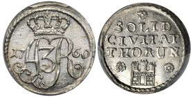 August III Sas, Szeląg Toruń 1760 w czystym srebrze - PCGS SP63 - RZADKOŚĆ MAX R5