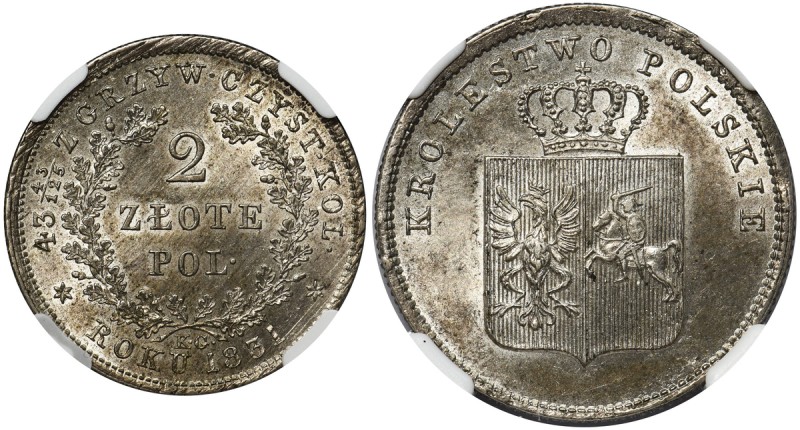 Powstanie Listopadowe, 2 złote Warszawa 1831 KG - NGC MS63
 Odmiana z kropką po...