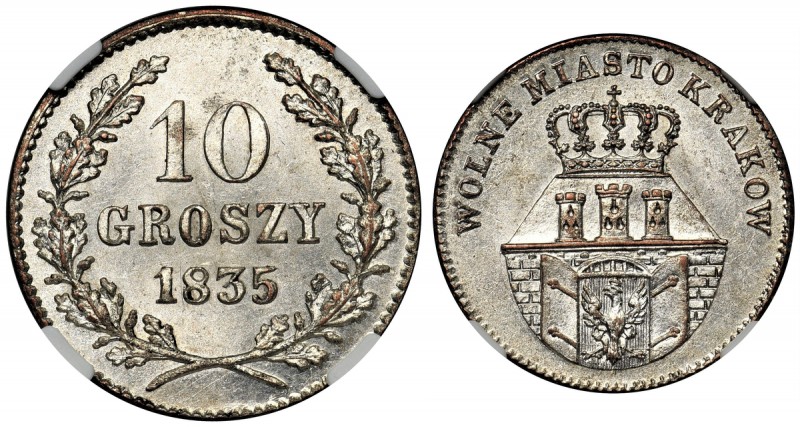 Wolne Miasto Kraków, 10 groszy 1835 - NGC MS63
 Wyśmienity egzemplarz z mocnym ...
