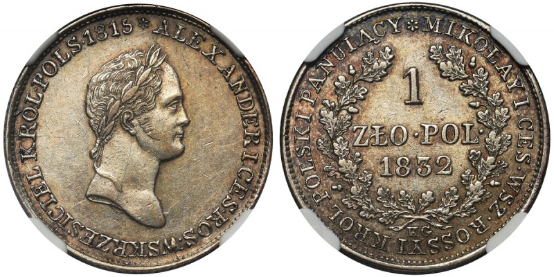 Królestwo Polskie, 1 złoty Warszawa 1832 KG - NGC AU53
 Odmiana z małą głową wł...
