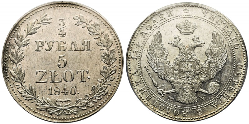 3/4 rubla = 5 złotych Warszawa 1840 MW - PCGS AU55 - rzadszy
 Odmiana z ogonem ...