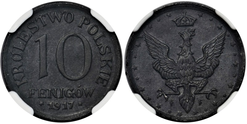 Królestwo Polskie, 10 fenigów 1917 - NGC MS63 - ex. Karolkiewicz
 Odmiana z nap...