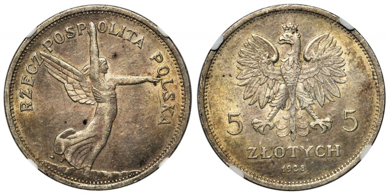 Nike, 5 złotych 1928 Warszawa - NGC AU53
 Nieznacznie ruszona obiegiem, jedynie...