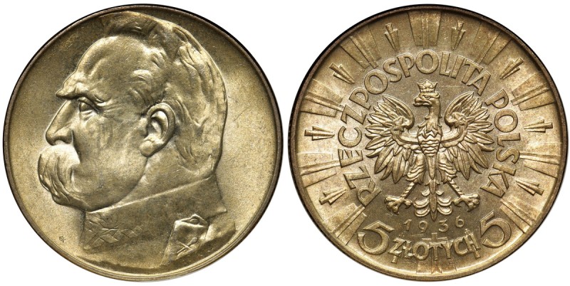 Piłsudski, 5 złotych 1936 - NGC MS63 WYŚMIENITY
 Wyśmienita sztuka w ładnej, ró...