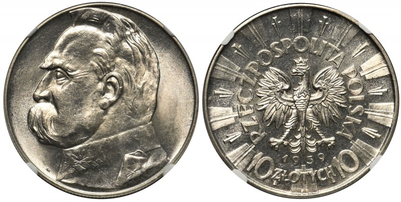 Piłsudski, 10 złotych 1939 - NGC MS63
 &nbsp; Mennicza, świeża sztuka z ładnym ...