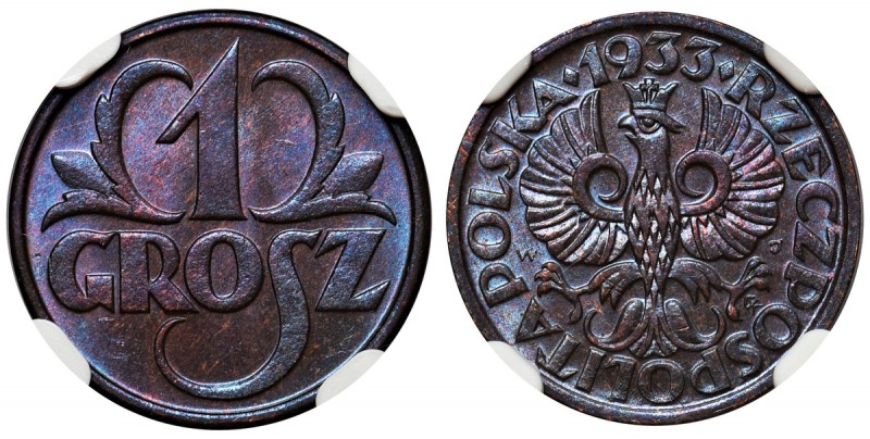 1 grosz 1933 - NGC MS66 BN
 Menniczy egzemplarz z intensywnym połyskiem. Kolor ...