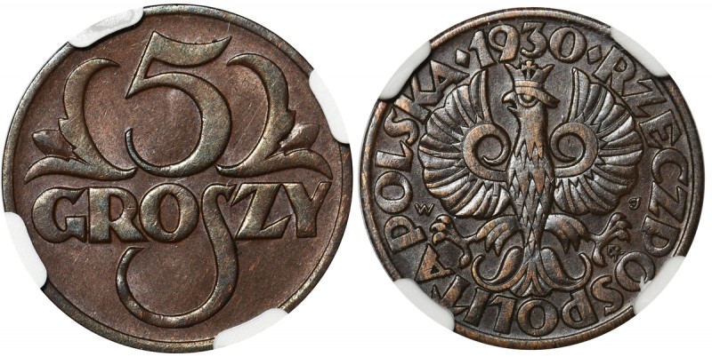 5 groszy 1930 - NGC AU58 BN
 Rzadki rocznik w okołomenniczym stanie zachowania....