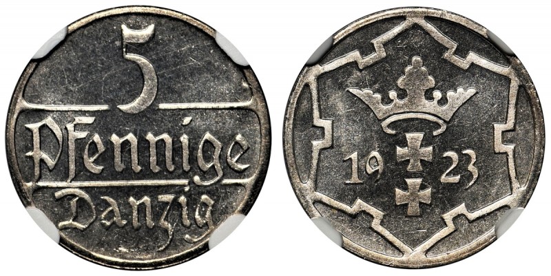 Wolne Miasto Gdańsk, 5 fenigów 1923 - NGC PF66 - stempel lustrzany
 Moneta wybi...